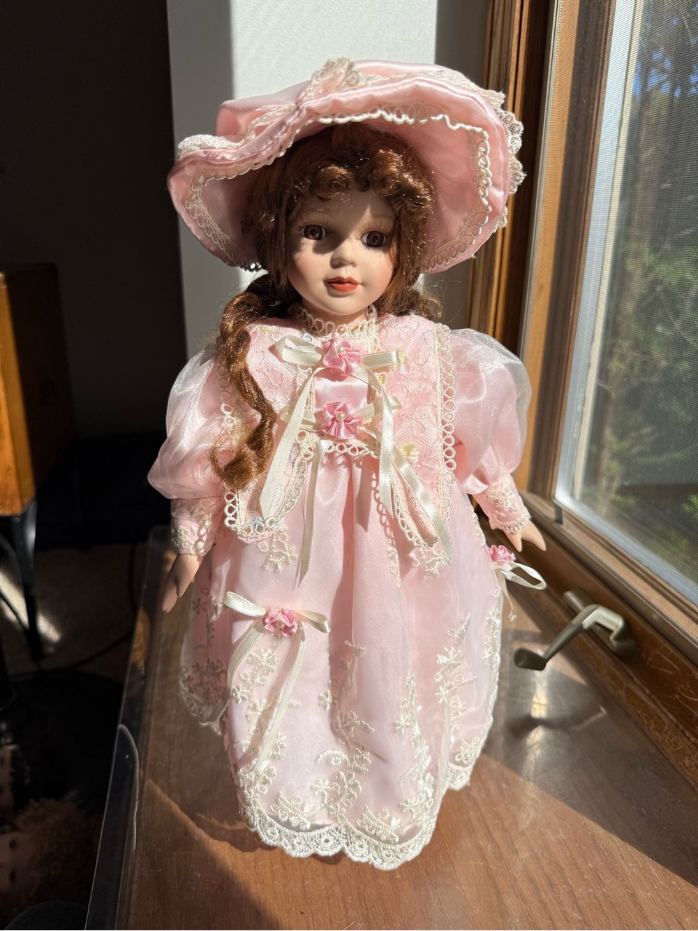 Tiffany Pacini Collection 1999 Porcelain Doll 16" Brown Curls Pink Lace Dress